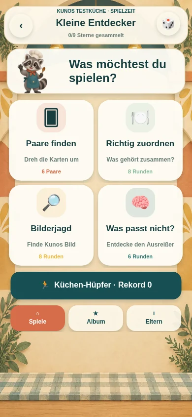 Spieleauswahl mit Kuno und vier Spielen