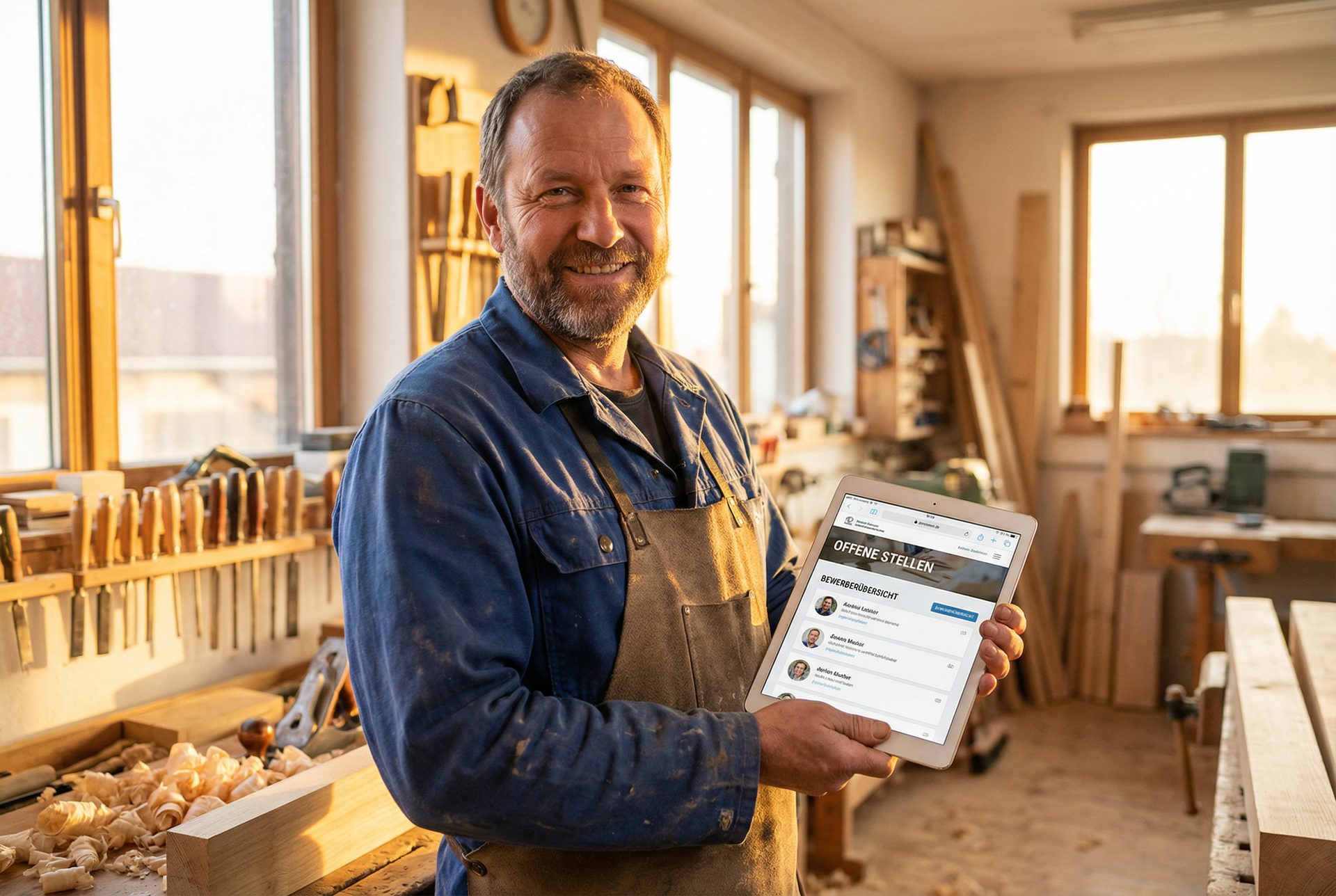 Zufriedener Handwerker mit Tablet zeigt Bewerbungen